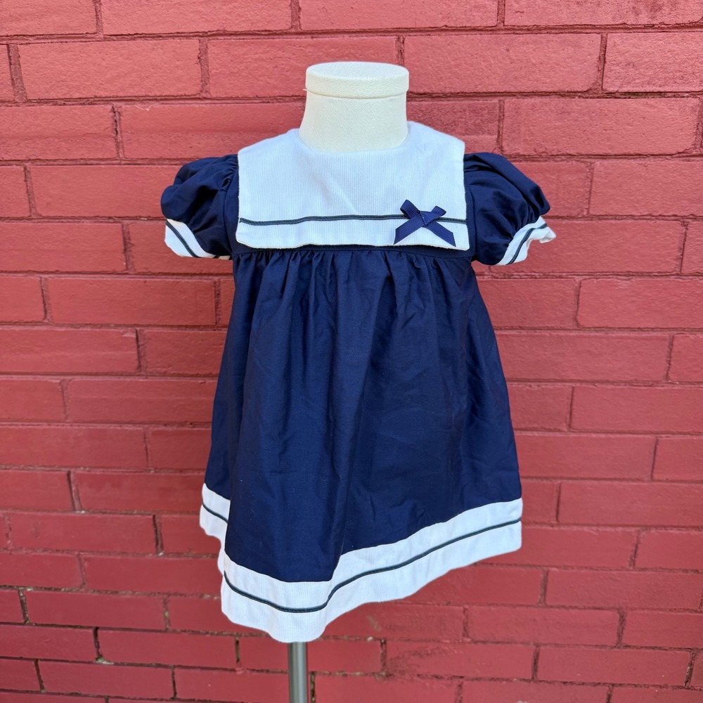 Alexis Sailor Dress Toddler 3T Blue White Nautical Button Back Puff Sleeve USA